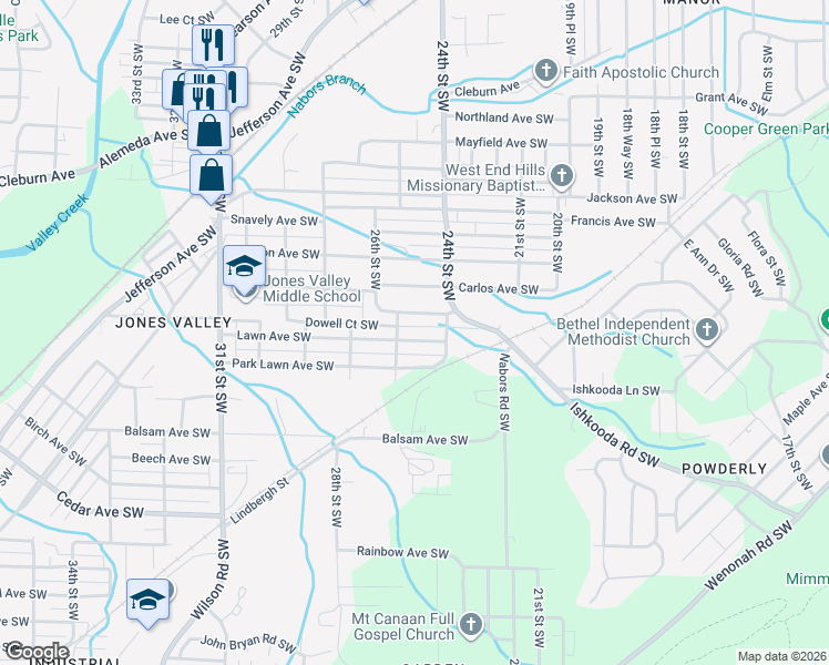 map of restaurants, bars, coffee shops, grocery stores, and more near 2428 Lawn Avenue Southwest in Birmingham