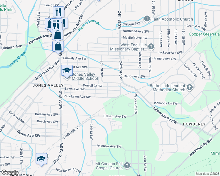map of restaurants, bars, coffee shops, grocery stores, and more near 2428 Lawn Avenue Southwest in Birmingham