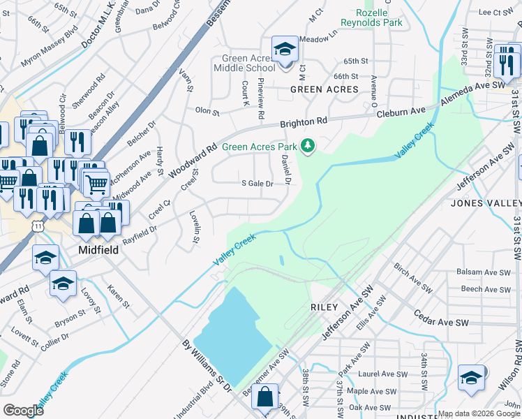 map of restaurants, bars, coffee shops, grocery stores, and more near 1108 Daniel Drive in Birmingham