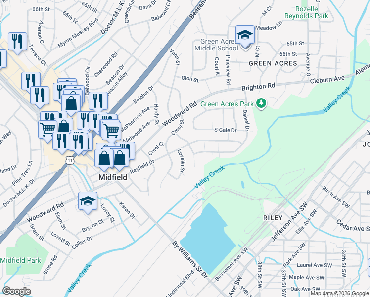map of restaurants, bars, coffee shops, grocery stores, and more near 1309 Rayfield Drive in Birmingham