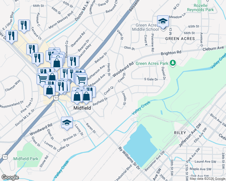 map of restaurants, bars, coffee shops, grocery stores, and more near 1357 Creel Street in Midfield