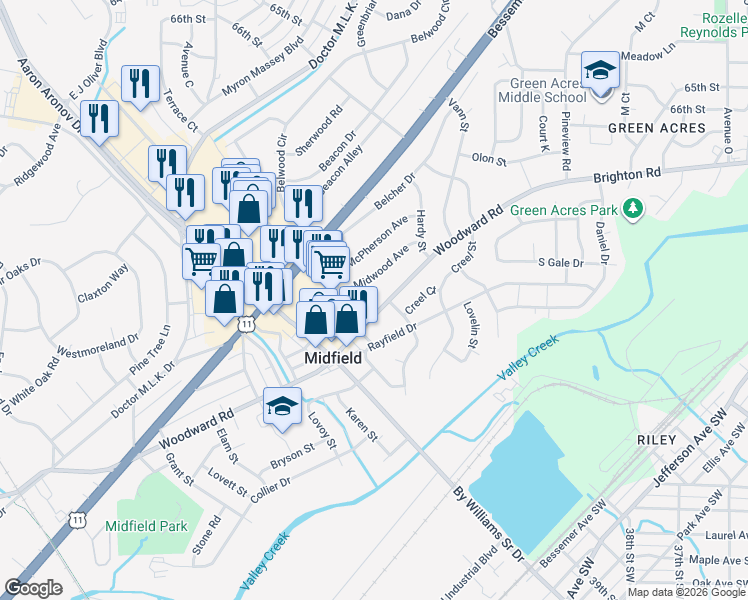map of restaurants, bars, coffee shops, grocery stores, and more near 1404 Woodward Road in Birmingham