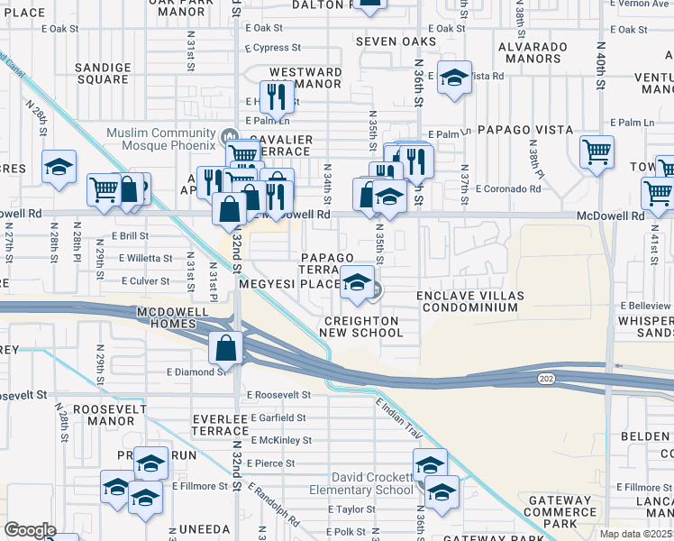map of restaurants, bars, coffee shops, grocery stores, and more near 1231 North 34th Street in Phoenix