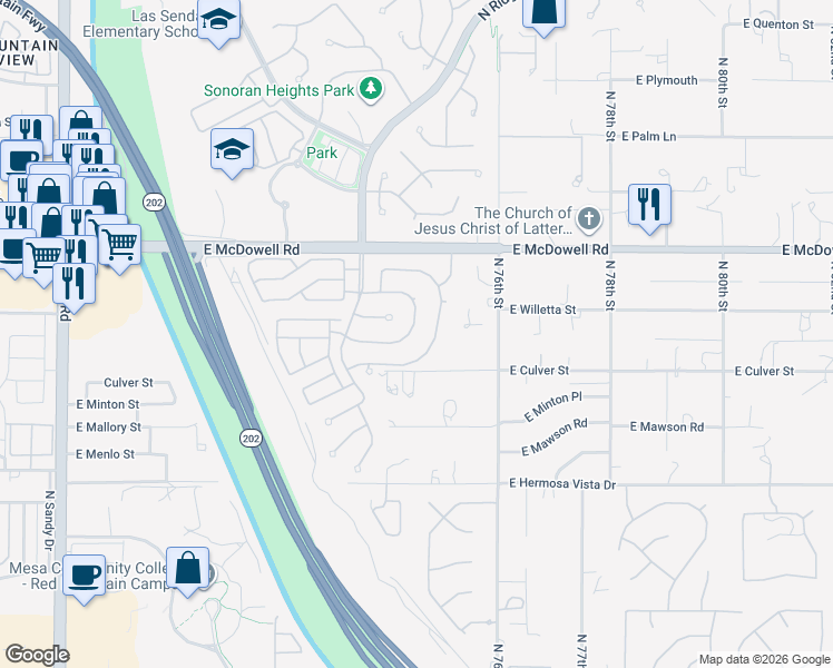 map of restaurants, bars, coffee shops, grocery stores, and more near 7431 East Norwood Street in Mesa