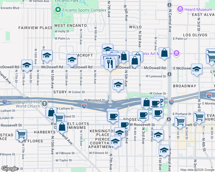 map of restaurants, bars, coffee shops, grocery stores, and more near 707 West Willetta Street in Phoenix