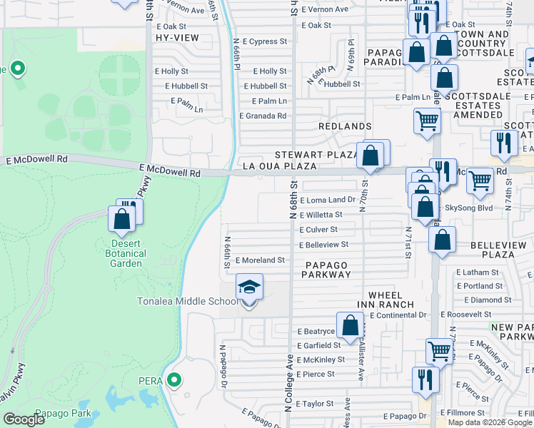 map of restaurants, bars, coffee shops, grocery stores, and more near 6721 East McDowell Road in Scottsdale
