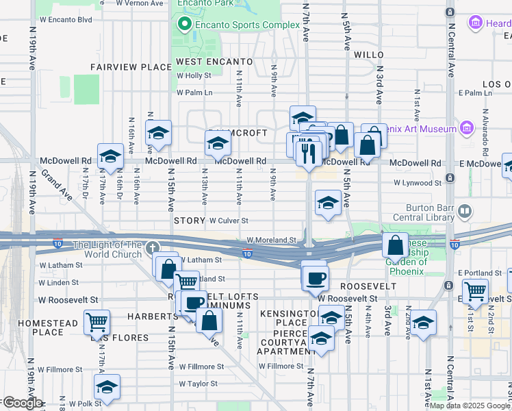 map of restaurants, bars, coffee shops, grocery stores, and more near 917 West Willetta Street in Phoenix
