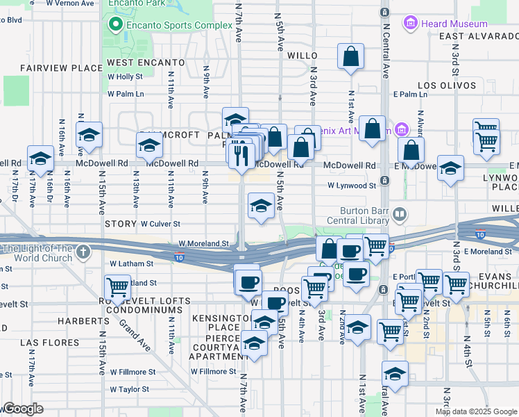map of restaurants, bars, coffee shops, grocery stores, and more near 523 West Willetta Street in Phoenix