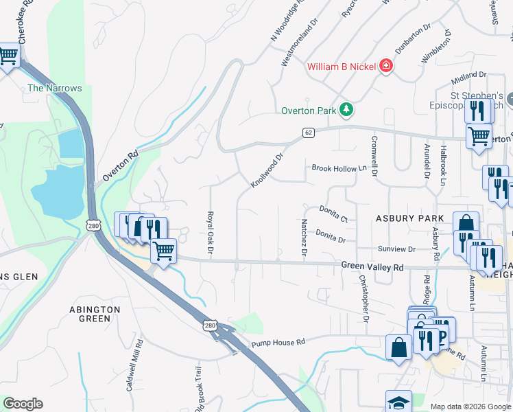 map of restaurants, bars, coffee shops, grocery stores, and more near 3807 Whits End in Mountain Brook