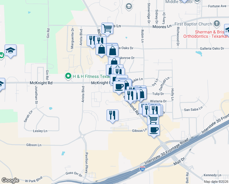 map of restaurants, bars, coffee shops, grocery stores, and more near Richmond Place in Texarkana