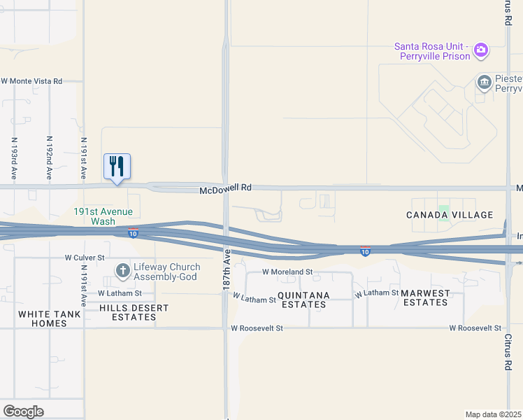 map of restaurants, bars, coffee shops, grocery stores, and more near 18605 West McDowell Road in Goodyear