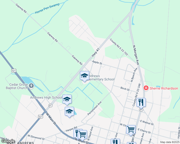 map of restaurants, bars, coffee shops, grocery stores, and more near 500 West Gapway Road in Andrews