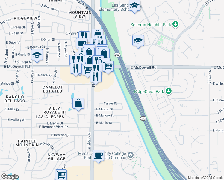 map of restaurants, bars, coffee shops, grocery stores, and more near 2639 North Power Road in Mesa