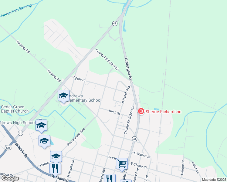 map of restaurants, bars, coffee shops, grocery stores, and more near 101 Apple Street in Andrews