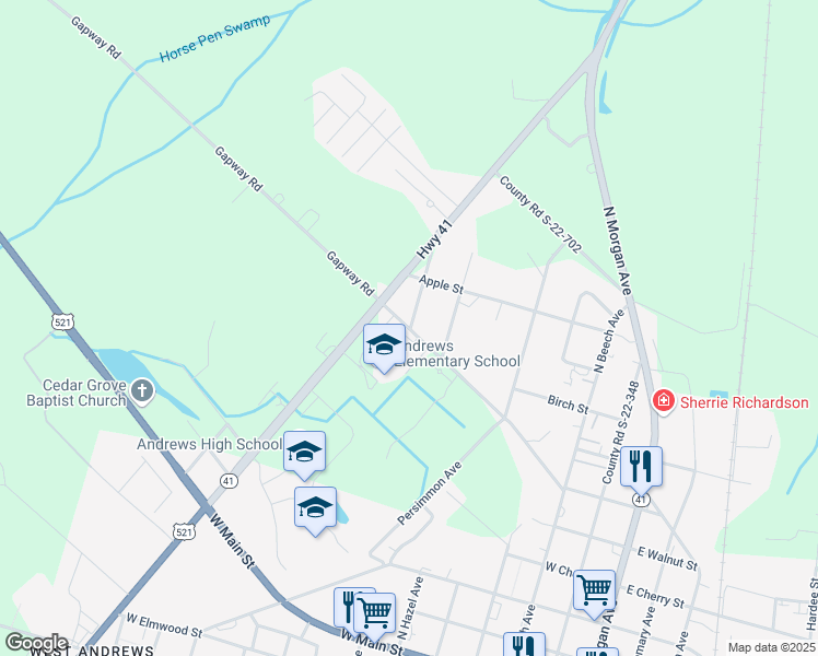 map of restaurants, bars, coffee shops, grocery stores, and more near 500 West Gapway Road in Andrews