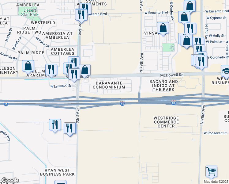 map of restaurants, bars, coffee shops, grocery stores, and more near 1414 North 80th Lane in Phoenix