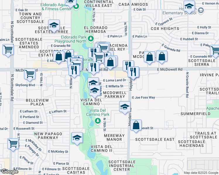 map of restaurants, bars, coffee shops, grocery stores, and more near 7831 East Willetta Street in Scottsdale