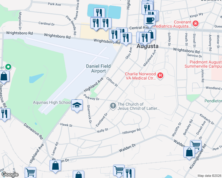 map of restaurants, bars, coffee shops, grocery stores, and more near 2009 Pennsylvania Avenue in Augusta
