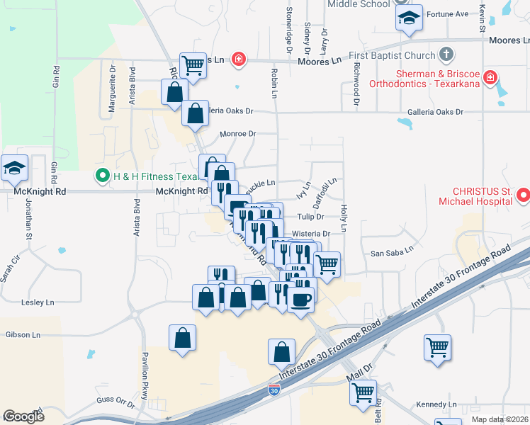map of restaurants, bars, coffee shops, grocery stores, and more near 3001-3117 Robin Lane in Texarkana