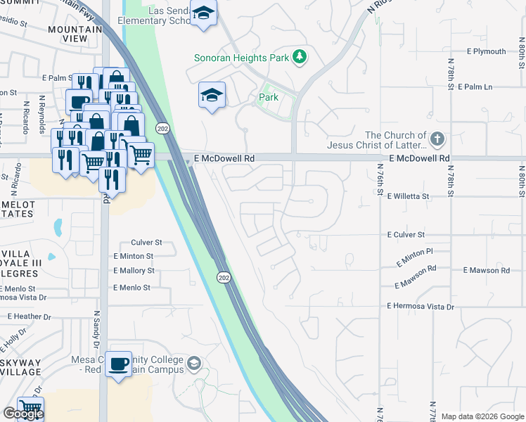 map of restaurants, bars, coffee shops, grocery stores, and more near 7248 East Norwood Street in Mesa