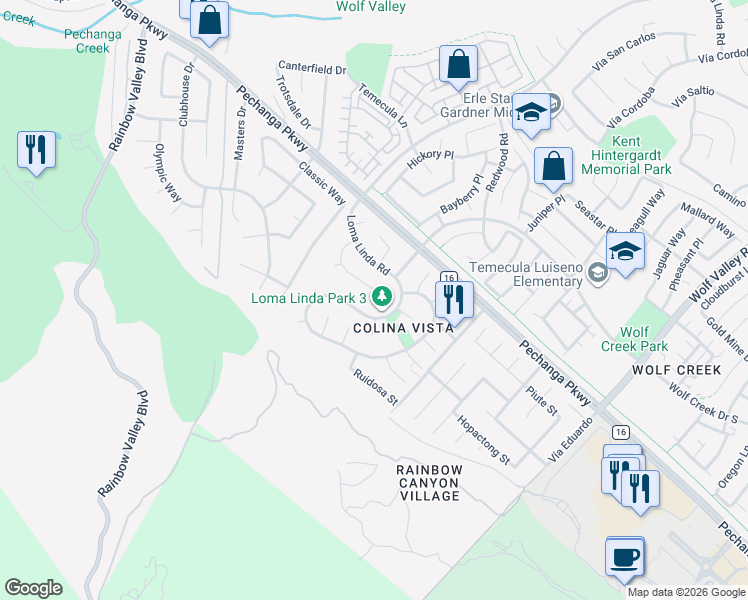 map of restaurants, bars, coffee shops, grocery stores, and more near 45335 Esmerado Court in Temecula