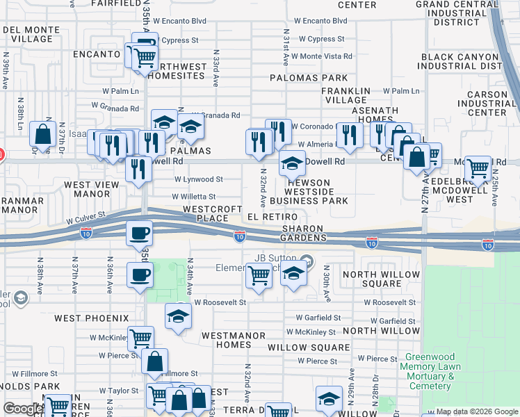 map of restaurants, bars, coffee shops, grocery stores, and more near 1315 North 33rd Avenue in Phoenix