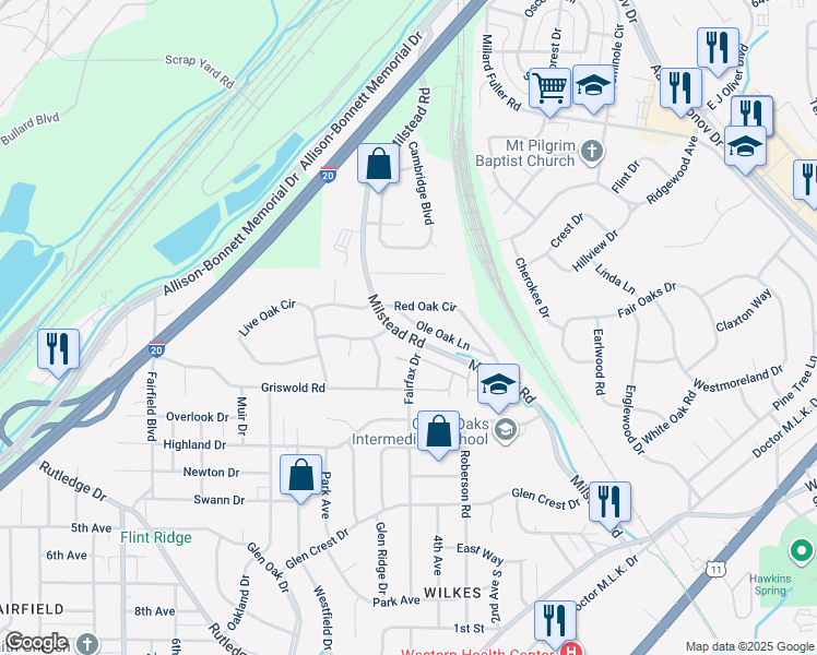 map of restaurants, bars, coffee shops, grocery stores, and more near 1124 Ole Oak Lane in Fairfield