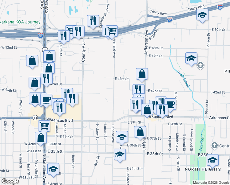 map of restaurants, bars, coffee shops, grocery stores, and more near 4204 Garland Avenue in Texarkana