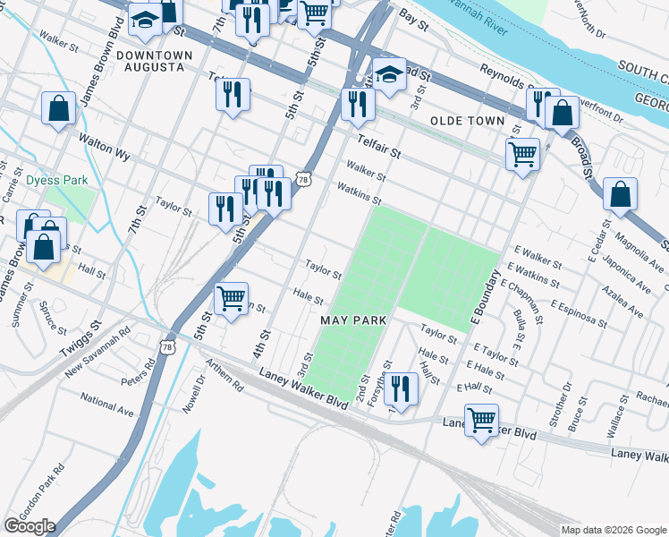 map of restaurants, bars, coffee shops, grocery stores, and more near 313 Taylor Street in Augusta