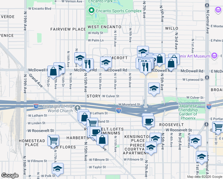 map of restaurants, bars, coffee shops, grocery stores, and more near 1109 West Willetta Street in Phoenix