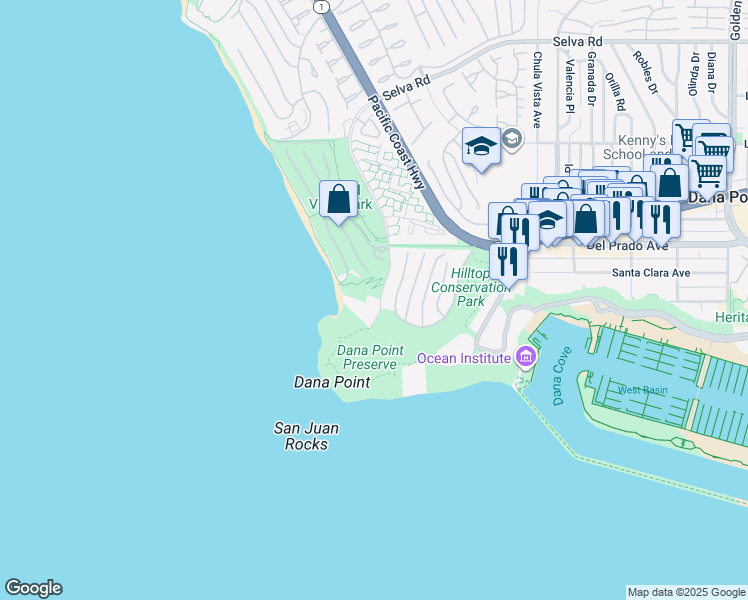 map of restaurants, bars, coffee shops, grocery stores, and more near 34363 Dana Strand Road in Dana Point