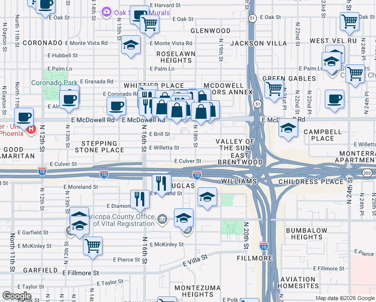 map of restaurants, bars, coffee shops, grocery stores, and more near 1733 East Willetta Street in Phoenix