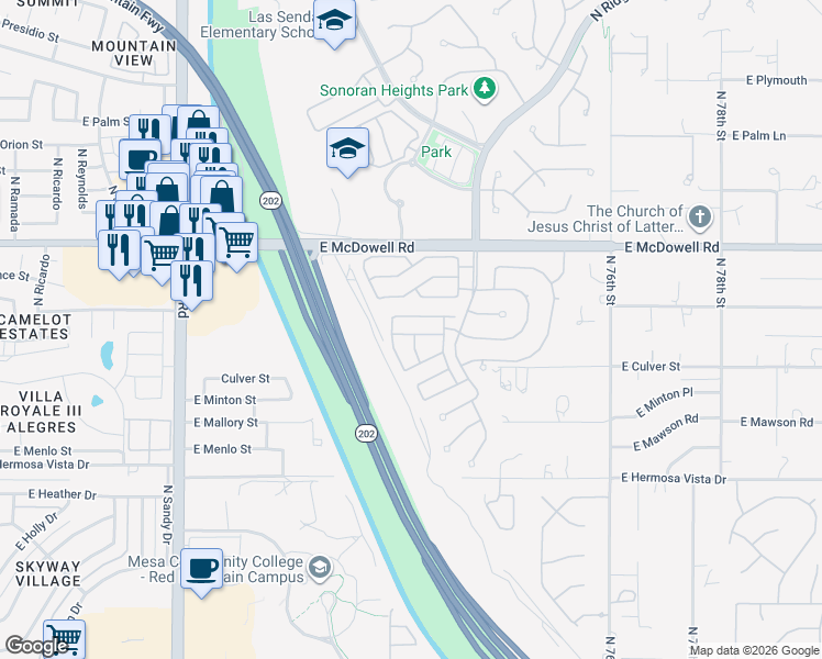 map of restaurants, bars, coffee shops, grocery stores, and more near 7228 East Norwood Street in Mesa