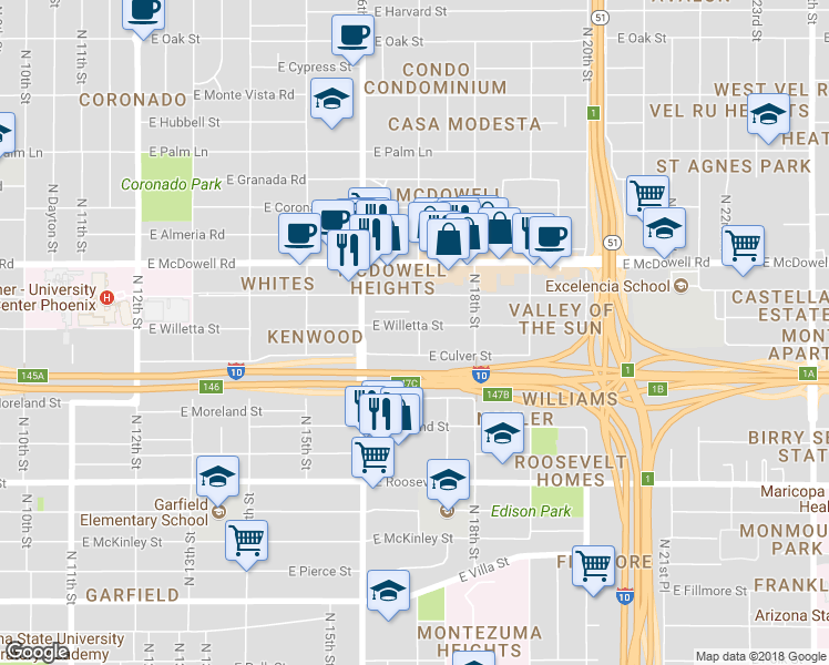 map of restaurants, bars, coffee shops, grocery stores, and more near 1645 East Willetta Street in Phoenix