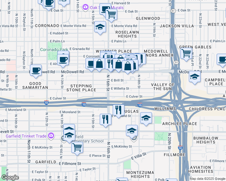 map of restaurants, bars, coffee shops, grocery stores, and more near 1613 East Willetta Street in Phoenix