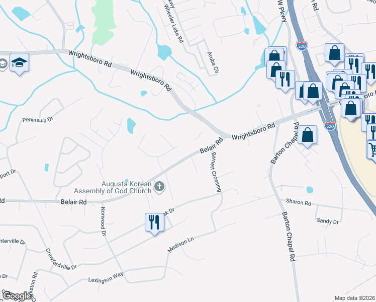 map of restaurants, bars, coffee shops, grocery stores, and more near 3625 Belair Road in Augusta