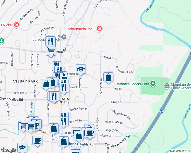 map of restaurants, bars, coffee shops, grocery stores, and more near 3286 Greendale Road in Vestavia Hills
