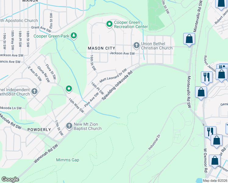 map of restaurants, bars, coffee shops, grocery stores, and more near 1529 Spaulding-Ishkooda Road in Birmingham