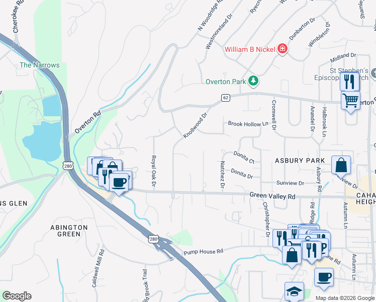 map of restaurants, bars, coffee shops, grocery stores, and more near 3807 Whits End in Mountain Brook