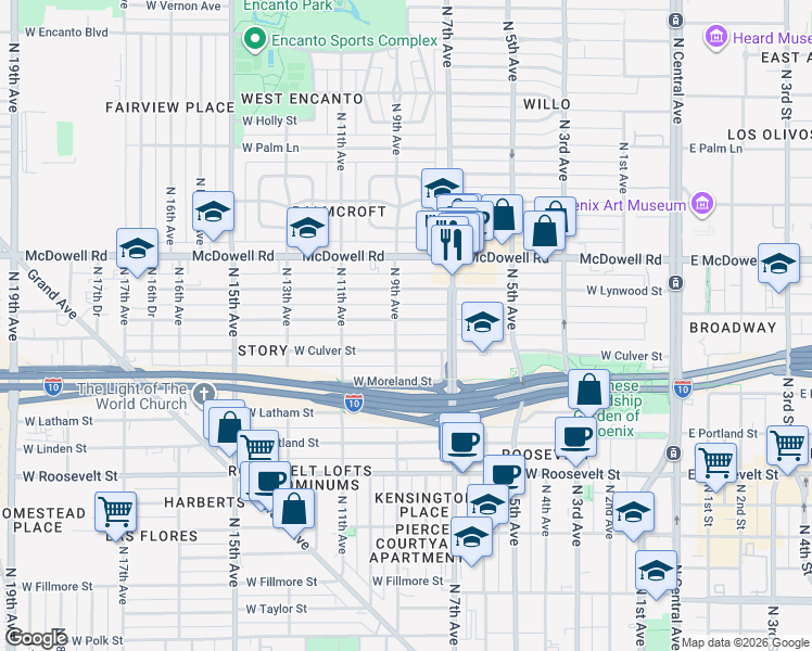 map of restaurants, bars, coffee shops, grocery stores, and more near 733 West Willetta Street in Phoenix