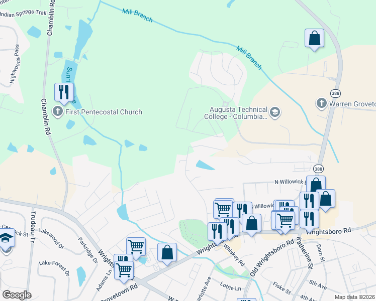 map of restaurants, bars, coffee shops, grocery stores, and more near 420 Whiskey Road in Grovetown