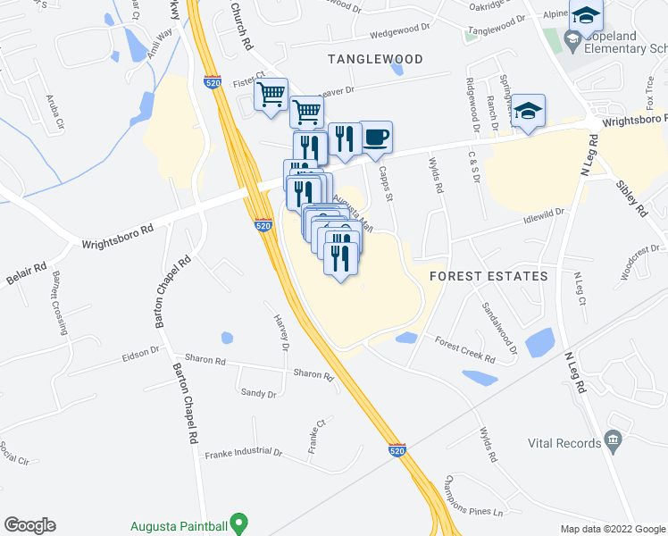 map of restaurants, bars, coffee shops, grocery stores, and more near 3450 Wrightsboro Road in Augusta