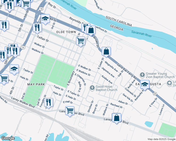 map of restaurants, bars, coffee shops, grocery stores, and more near 120 East Walker Street in Augusta