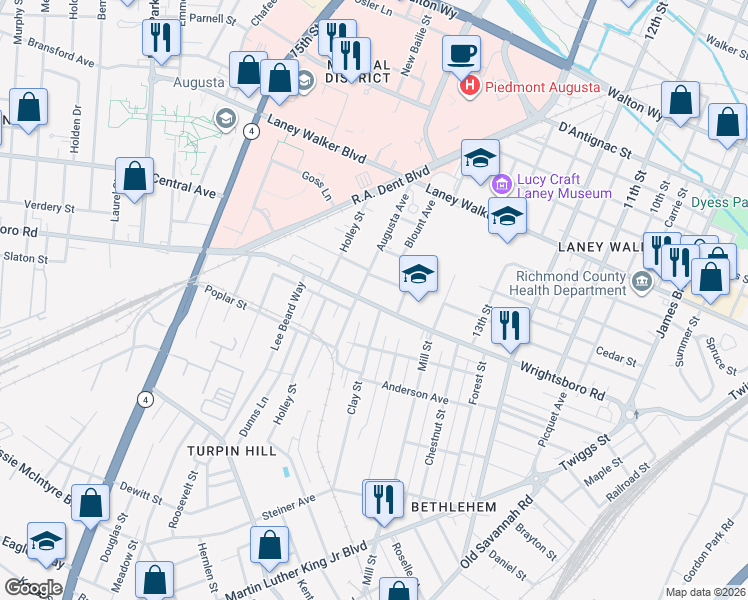 map of restaurants, bars, coffee shops, grocery stores, and more near 1367 Wrightsboro Road in Augusta