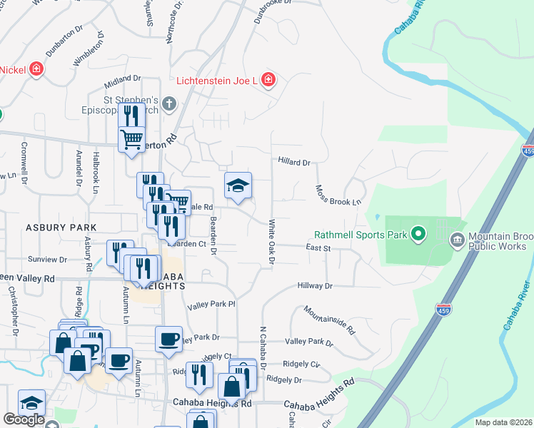 map of restaurants, bars, coffee shops, grocery stores, and more near 3286 Greendale Road in Vestavia Hills