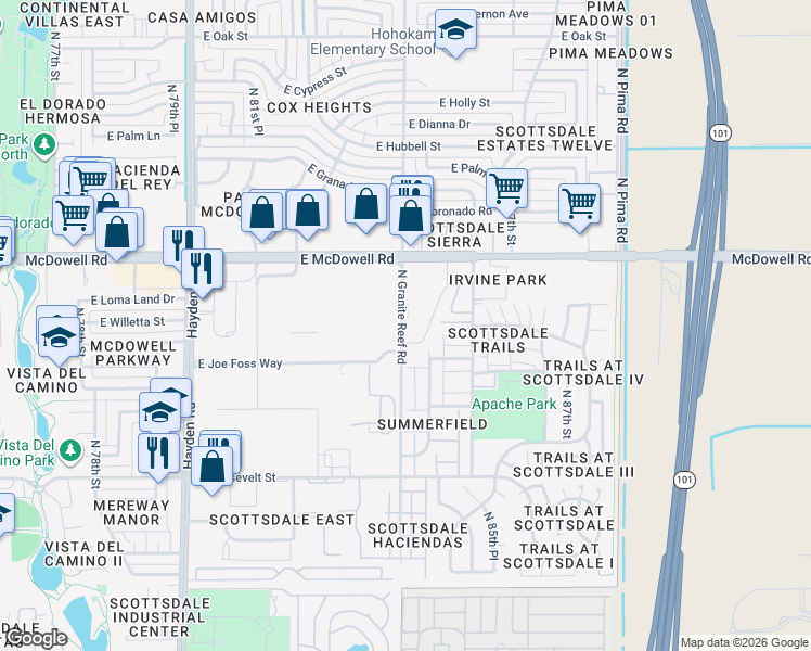 map of restaurants, bars, coffee shops, grocery stores, and more near 1401 North Granite Reef Road in Scottsdale