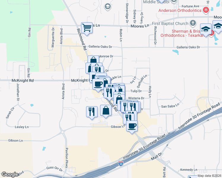 map of restaurants, bars, coffee shops, grocery stores, and more near 4016 Columbine Lane in Texarkana