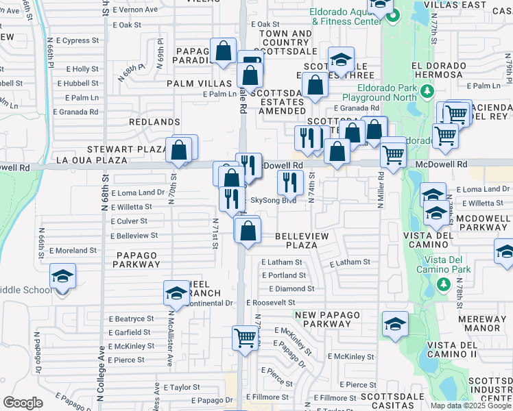 map of restaurants, bars, coffee shops, grocery stores, and more near 1355 North Scottsdale Road in Scottsdale