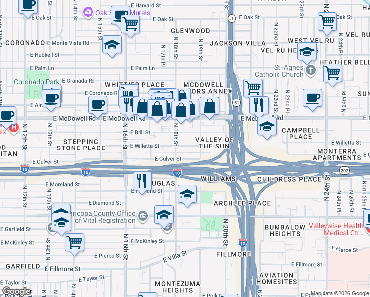 map of restaurants, bars, coffee shops, grocery stores, and more near 1817 East Willetta Street in Phoenix