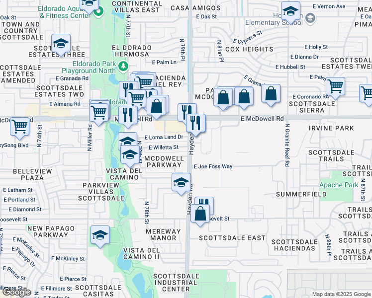 map of restaurants, bars, coffee shops, grocery stores, and more near 7943 East Willetta Street in Scottsdale